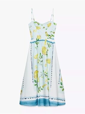 Zara Lemon-Print Poppy Dress Dress in Light Blue, Yellow & Green, M
